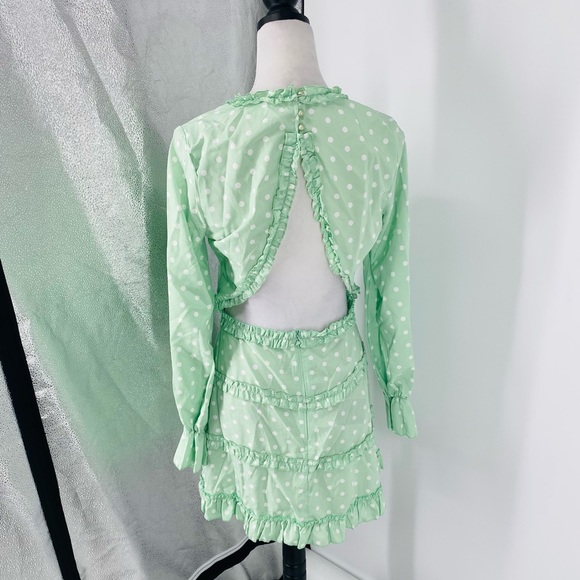 Green Polka Dot Long Sleeve V-Neck Open Back Backless Mini Dress - Picture 10 of 11